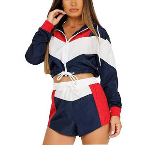 Conjunto de dos piezas con capucha y cremallera para mujer en color sólido Conjunto de chándal cortavientos para exteriores Conjunto de Top corto cortavientos - Product Image 4