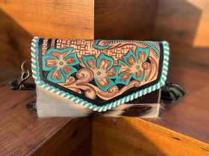 Hand Tooled Carving Leather Wallet Clutch <b>Phone</b> Case Stylish Cowhide Leather Wallets Turquoise Color Wallet <b>for</b> Women - Product Image 3