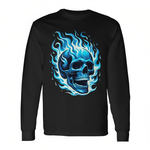 T-Shirt Unisex a Maniche Lunghe con Stampa Digitale Teschio Blu Fiammeggiante, Girocollo, per Adulti - Product Image 3