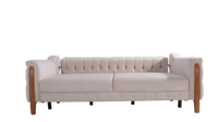 Canapé Chesterfield deux places gris crème moderne européen en tissu microfibre avec accoudoirs en bois, haute qualité, sans taxes, pour maison, hôtel, appartement