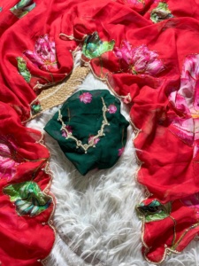 Nouvelle tenue de créateur fantaisie Pure Soft Teby Silk Saree Blouse avec des impressions numériques fleur et coupe à la main Dana Moti travail femme mode - Product Image 4