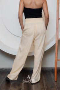 Pantalón recto de algodón para mujer de gran venta con cintura bordada en contraste, pantalones cómodos de verano en Beige, azul y Azul Marino - Product Image 6