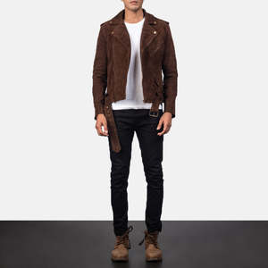 Mocha <b>Suede</b> Biker <b>Jacket</b> Genuine Leather Waterproof Luxury Style High Quality - Product Image 4