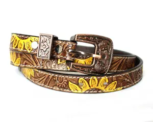 Western Leather Belts Hand tooled Belts for women Nickel Buckle Custom Belts Factory Genuine Leather Brown & Yellow