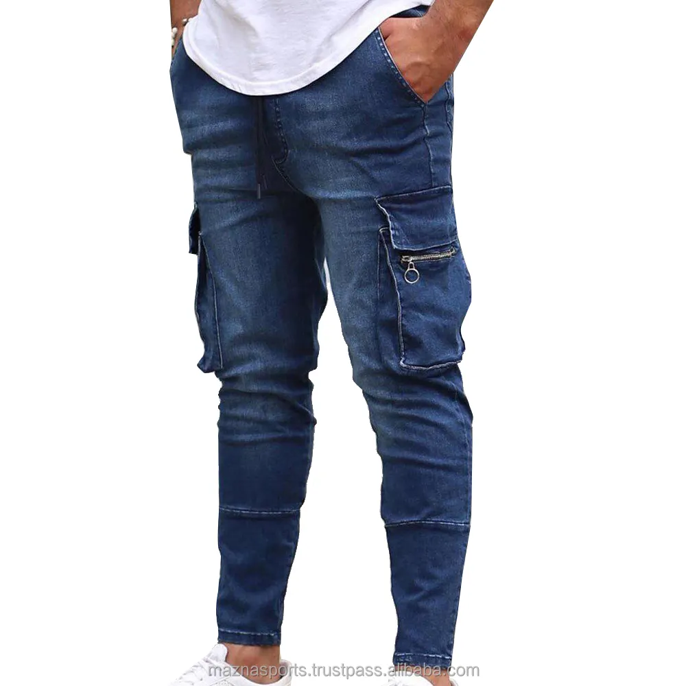 Autumn Fashion Denim bottoms Male Zip Mens Slim Fit Denim Pants Pockets Stretch Pencil Jeans Casual Plain Trousers