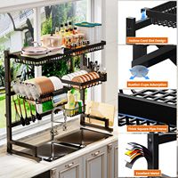 Égouttoir mural multifonctionnel en acier inoxydable noir à 2 niveaux amovible pour la cuisine, pour les plats et les bols