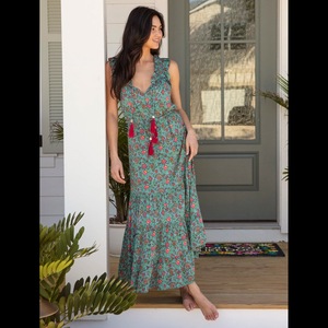 Robe Maxi imprimée en rayonne bohème pour femmes, longueur midi décontractée attrayante avec col en V et manches longues, décoration de boutons tissés - Product Image 1