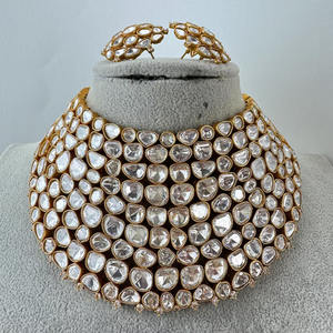 Trendy Platinum Plated Copper Kundan Necklace Stud Earring Set Wedding Party Engagement Anniversary Crystal Tear Drop Glass - Product Image 2