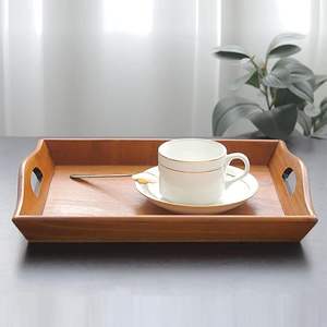 Plateau rectangulaire en bois artisanal avec poignées latérales pour servir les aliments, les boissons, le petit-déjeuner, la vaisselle, usage domestique rustique - Product Image 3