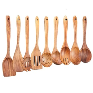 Ensemble de 9 ustensiles de cuisine en bois naturel antiadhésifs, spatules en teck, outils de cuisine en bois, cuillères en bois pour la cuisine, fourchette à salade - Product Image 3