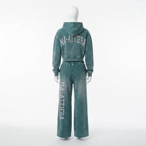 Custom <b>Women</b> Acid Wash Teal Green Cropped Hoodie Wide Leg <b>Jogger</b> Set Cotton Fleece Streetwear Tracksuit OEM Wholesale - Product Image 4