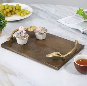 Vajilla rectangular decorativa grande, bandeja elegante con mango de Metal de hoja dorada, mesa de centro de madera de Mango, plato de exhibición, bandejas de almacenamiento - Product Image 2