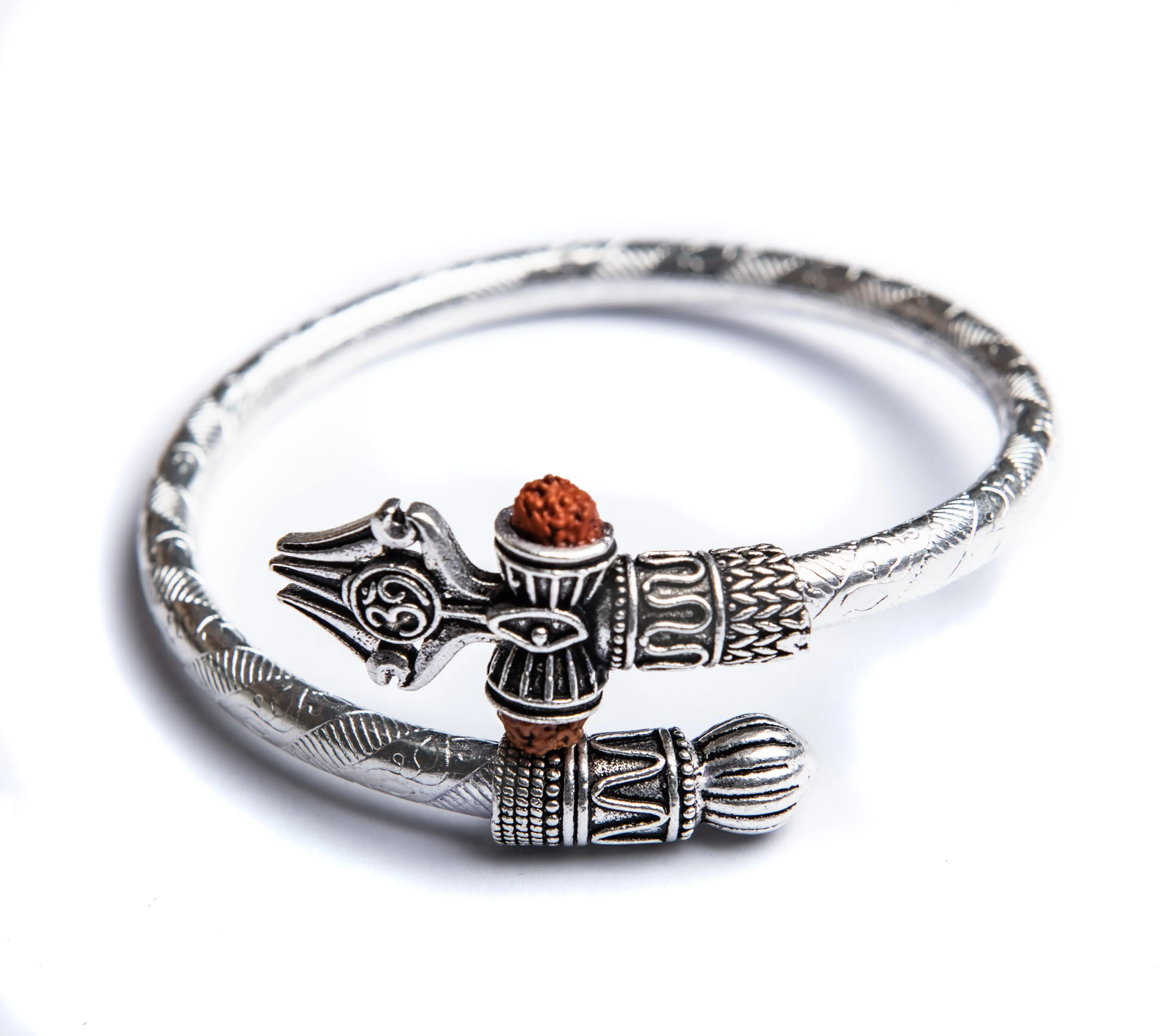 Pulseira Rudraksha Shiv Om Trishul Damroo Kada para homens | Lord Shiva Bahubali Pulseira de punho para homens usando joia pulseira Kada de prata