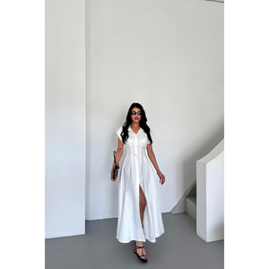 Vestido Casual de Lino Jacquard con Abertura Frontal y Bolsillos, Color Blanco - Product Image 5