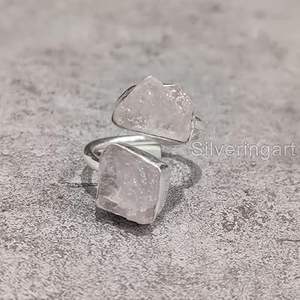 Bague pour femme en quartz rose naturel, pierre de naissance d'avril, double pierre, réglable, bijoux faits à la main, bague en argent sterling 925 - Product Image 4