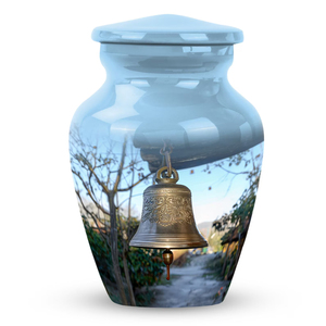 Urnas de cremación funeraria impresas en esmalte con pegatina de diseño de campana para suministros de servicio de entierro a bajo precio, urnas de ceniza de Metal de estilo clásico - Product Image 2