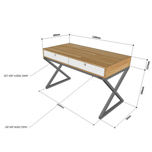UBAN 120x60cm <b>Computer</b> <b>Desk</b> with X-shaped Legs and 2 Drawers Made of Rubber Wood BD68054 - Product Image 3