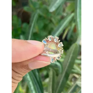 925 Silver Natural <b>Opal</b> Cluster <b>Ring</b> Dainty Geometric Design Oval Cut Stone Rhodium Fine for Everyday Wear Yellow <b>Gold</b> Oval - Product Image 5
