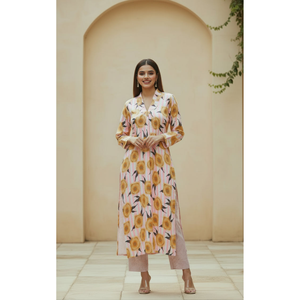 ชุดคุर्ตาผ้าฝ้ายพิมพ์ลายดอกโบตั๋นสีชมพูสำหรับผู้หญิง คอจีน แขนยาว ระบายอากาศได้ดี เหมาะสำหรับฤดูใบไม้ผลิ/ฤดูร้อน - Product Image 3