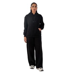 Ensemble de sweat-shirt à capuche en polaire noir surdimensionné pour femmes, streetwear uni, décontracté d'hiver, anti-boulochage, respirant, pour femmes - Product Image 1