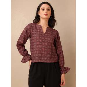 Haut décontracté à manches bouffantes imprimé en coton mélangé marron pour femme - Product Image 1