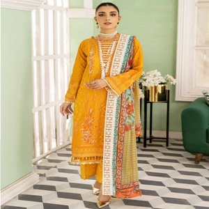Trajes de 3 piezas de tela Chikan Kari bordada de alta calidad, cintura natural, tejido transpirable, para uso diario, fiestas y ocasiones informales, Riaz Arts - Product Image 6