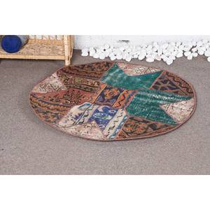 Alfombra turca vintage Bohemia verde marrón 3,2x3,2 pies Patchwork lana sala de estar alfombra con respaldo de látex - Product Image 1