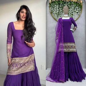 Vestido étnico indio y pakistaní de diseñador moderno pesado Faux Georgette tela Sharara Suit & Palazzo con Dupatta a bajo precio - Product Image 1