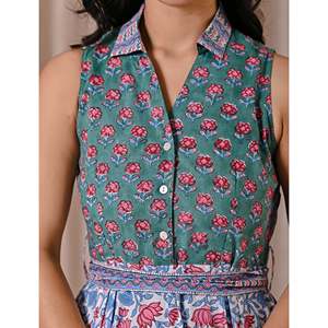 Vestido sin mangas verde marino con estampado de bloques, cuello blanco, elegante, casual, para el día a día, ODM para oficinistas, talla XS, transpirable, natural - Product Image 2