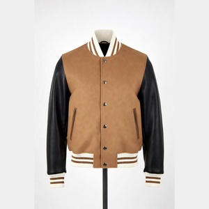Custom Leather Patch and Embroidery <b>Varsity</b> <b>Jacket</b> Dark Green Body Brown Sleeves Striped Knit Cuffs Collar - Product Image 1
