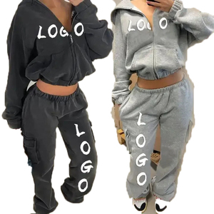 Oem Custom Tracksuits for Women Clothing Cotton Jersey Long Sleeves Full Zip up Jackets <b>Top</b> and Wide Leg Pants Gym Athletic Wear - Product Image 1