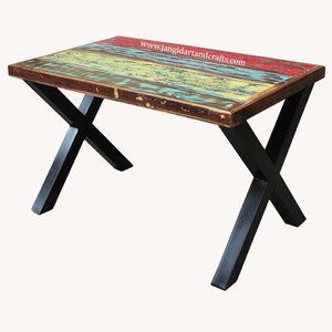 Meubles anciens industriels, table de salle à manger en bois massif, support en métal en forme de X, table d'étude, table de salle à manger pour hôtel et maison - Product Image 2