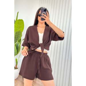 Muslin Front-<b>Tie</b> Short Model Wholesale Coffee Kimono - <b>Brown</b> - Product Image 1