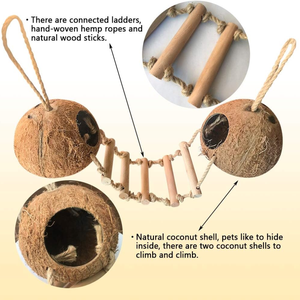 Cache-oiseaux nid de noix de coco avec cage à échelle en bois suspendu jouet de peau de cabane en coquille de coco naturelle avec pont en bois, jouets creux - Product Image 3