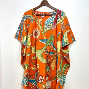Beau pur coton caftan oiseau imprimé fleuri longueur au sol coton indien robe de vacances d'été bohème plage porter lavable - Product Image 1