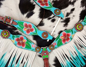 Softy Leather 100% Indian Cow Leather Western Headstall Breastplate Collar Set Logotipo personalizado Ajustable Indian Horse Tack Fringe - Product Image 4