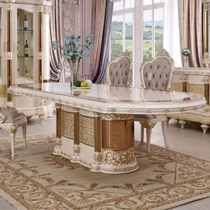 European Style Hand Carved Marble Top <b>Gold</b> Trim Antique Design 6 Piece Solid Back Dining Room Set for Hotel Use - Product Image 5