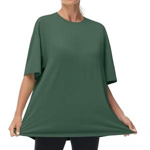 เสื้อยืดผ้าฝ้าย100% สีทึบมาใหม่ของผู้หญิงเสื้อแขนสามส่วนคอไหล่สไตล์ลำลองโอเวอร์ไซส์ทรงหลวมระบายอากาศได้ดี - Product Image 5