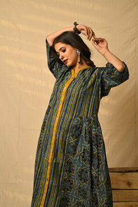 เดรสผ้าฝ้ายโบฮีเมียนพิมพ์ลายบล็อกสีครามสำหรับ100% เดรสมิดิทรงเรขาคณิต - Product Image 3