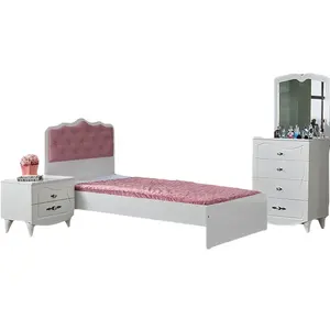 Pearl Pink Kids' Bedroom Set Teenager Kid's Furniture Wardrobe Study Desk Dresser Bookshelf Commode Nightstand Bed Frame