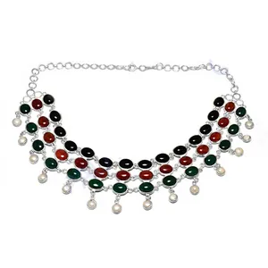 Women's Vintage Fine 925 Silver Multi-Stone Link Chain Choker Necklace - Product Image 1