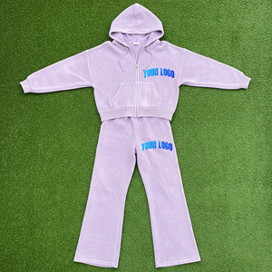 Hot Selling Casual Wear Crop <b>Top</b> Zip Up Hoodie & Flare Jogger Sweatsuit 100% Cotton Heavyweight Winter <b>Warm</b> Tracksuit For <b>Women</b> - Product Image 4