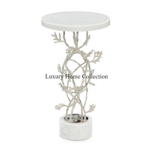 <b>Silver</b> Shiny Mirror Polished Floral Designer Eye Catching Look Stand With Marble Base and Round Top <b>Coffee</b> <b>Table</b> for Decoration - Product Image 1