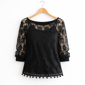 Top en maille sans manches en dentelle noire classique, top en maille fantaisie d'été, top en maille noire brodé pour femmes - Product Image 1
