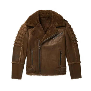 Stitchmode Custom Men's Real Brown Sheepskin Shearling Leather Jacket Estilo único Collar Punk Leather Jacket - Product Image 6
