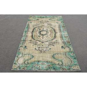 Tapis Oriental Vert Beige Laine 4.2X7.3 ft Fait Main Turc Aubusson Design pour Salon Couloir Patchwork Rectangle Latex - Product Image 1