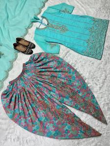 Lourd pur Faux Georgette dernier concepteur vêtements de fête de mariage séquence broderie haut et imprimé Dhoti Salwar avec Dupatta - Product Image 4