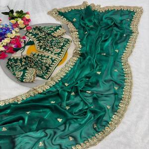 VASTRA COTTAGE Pure Soft Fancy <b>Satin</b> Silk Saree with Sequence Coding Embroidery Cutwork Border and Matching Embellished <b>Blouse</b> - Product Image 3
