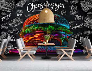 Papel Tapiz Autoadhesivo Impermeable con Diseño de Restaurante de <span class=keywords><strong>Hamburguesas</strong></span>, Murales Negros de Comida Rápida, Decoraciones de Pared Estilo Pizarra para Cafetería - Product Image 3