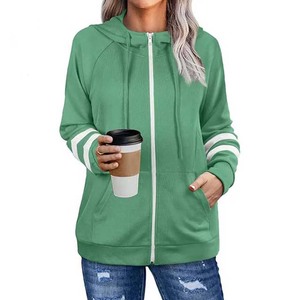 Sudadera con capucha larga para mujer, Diseño de manga a rayas, cremallera en el hombro, nueva moda, venta al por mayor, sudaderas con capucha transpirables para mujer - Product Image 3